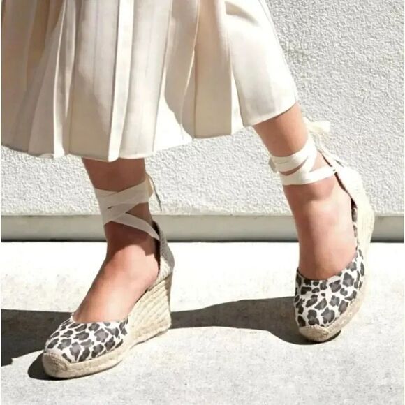 Margaux Espadrille Pique Animal Print Wedge Sandal Leopard Lace Up SZ 9 - Picture 1 of 15